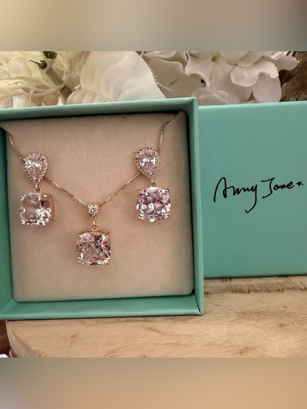 AMYJANE Elegant Jewelry Set for Women Teardrop CZ Drop Earrings and Necklace